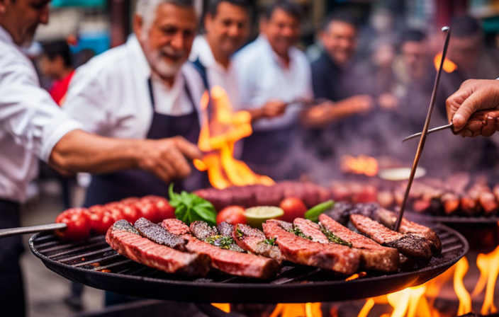 An image showcasing a bustling open-air Argentinean parrilla (grill) adorned with sizzling, perfectly charred beef, ribs, and sausages, surrounded by ecstatic diners relishing the mouthwatering aromas and vibrant ambience of Buenos Aires' top-notch asado restaurants