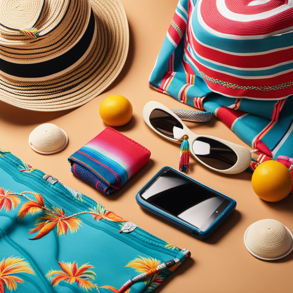 An image showcasing a vibrant beach towel, flip flops, sunscreen, a straw hat, a waterproof phone case, and a stylish tote bag packed with a colorful sarong and a travel-sized toiletry kit