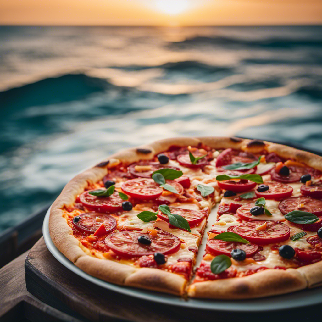 An image that features a mouthwatering thin-crust pizza, perfectly baked to golden perfection, adorned with vibrant tomato sauce, gooey melted cheese, and an array of scrumptious toppings, all enjoyed against a picturesque ocean backdrop