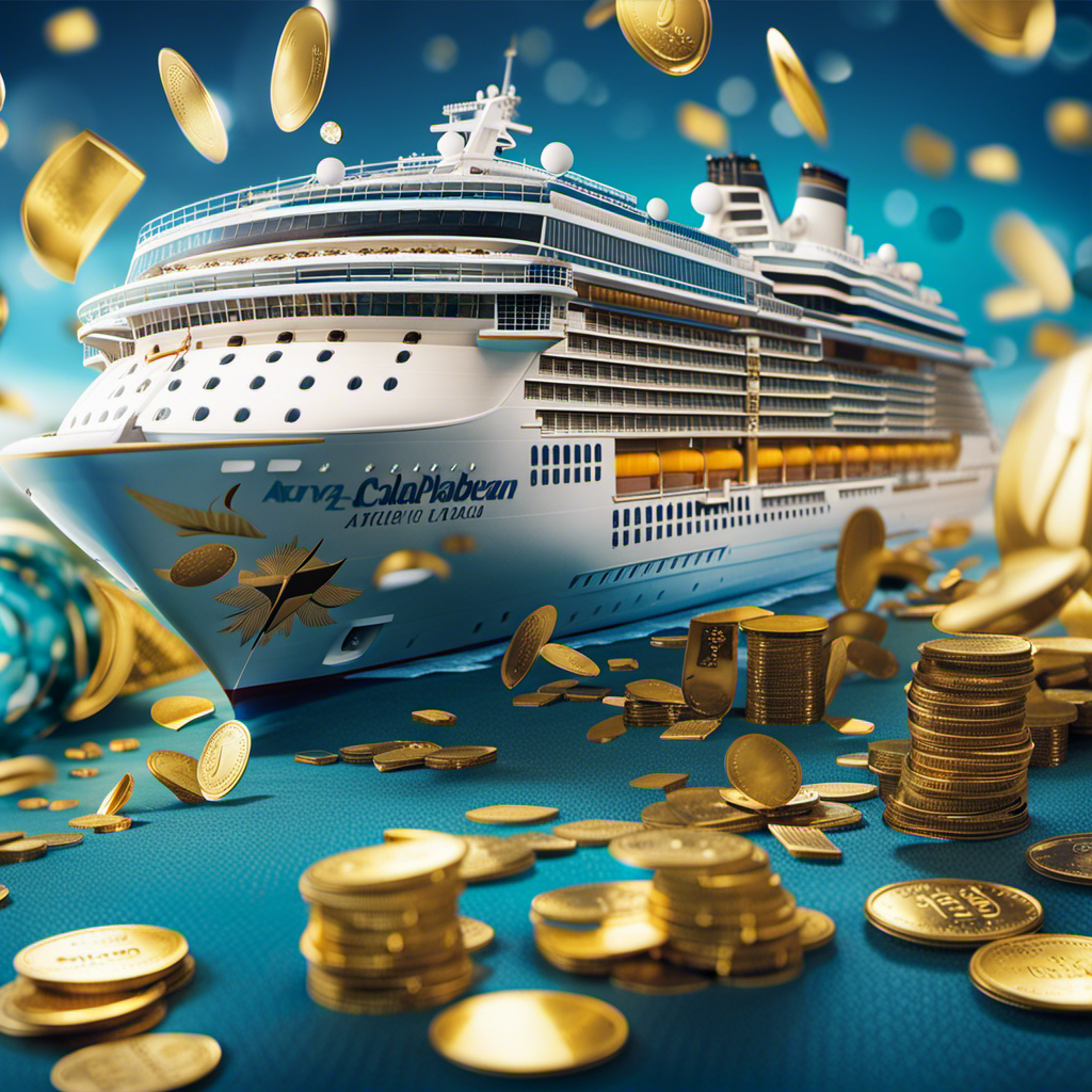 An image showcasing a vibrant cruise ship sailing on azure waters, surrounded by a collage of gold, diamond, and platinum loyalty cards, symbolizing Royal Caribbean's exclusive and rewarding loyalty program