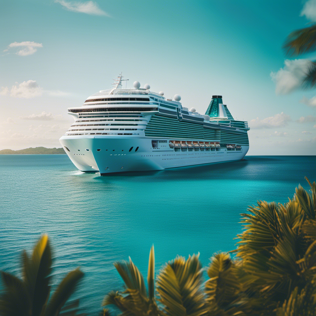 An image showcasing a colossal cruise ship majestically sailing through turquoise waters, surrounded by breathtaking natural landscapes