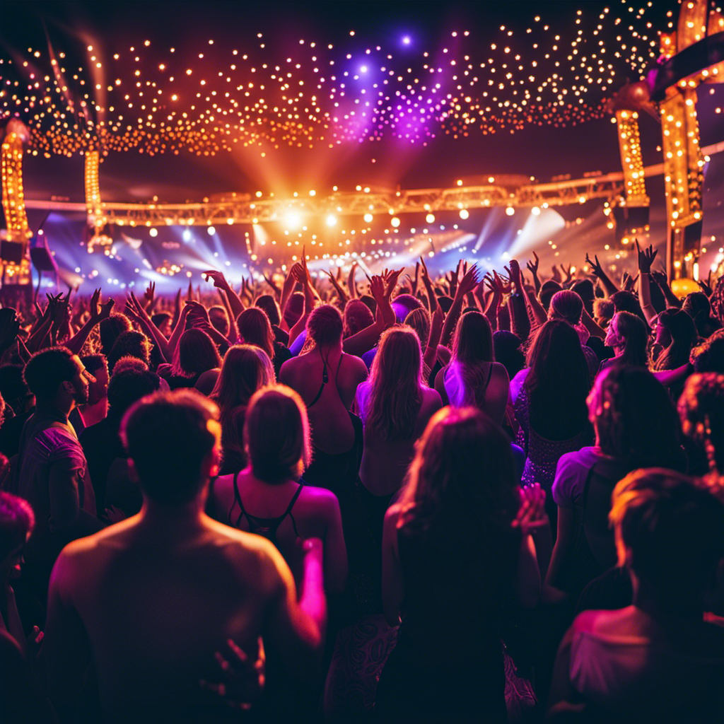 An image capturing the vibrant energy of The Ultimate Music Cruise Experience: a lively crowd of music enthusiasts dancing under a starry night sky, surrounded by a beautiful ocean backdrop and illuminated by colorful stage lights