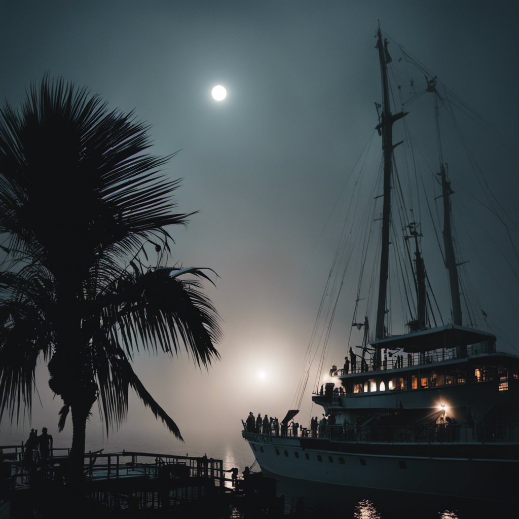 An image capturing the eerie ambiance of the Walker Stalker Cruise: a moonlit deck with silhouetted palm trees, a haunted ship emerging from the fog, and hordes of undead lurking in the shadows