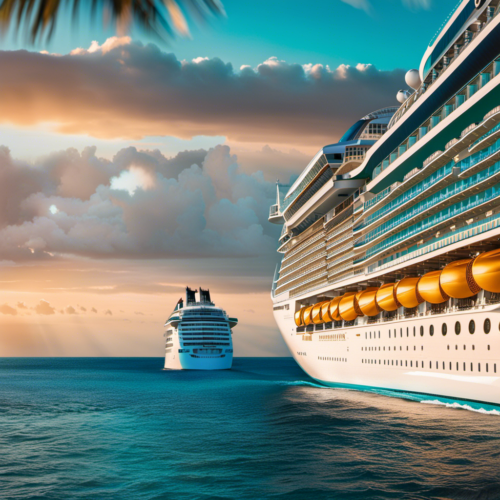 An image showcasing a luxurious cruise ship adorned with vibrant flags, sailing through crystal-clear turquoise waters against a backdrop of breathtaking tropical islands and a mesmerizing sunset, symbolizing the unprecedented demand for Royal Caribbean's Ultimate World Cruise