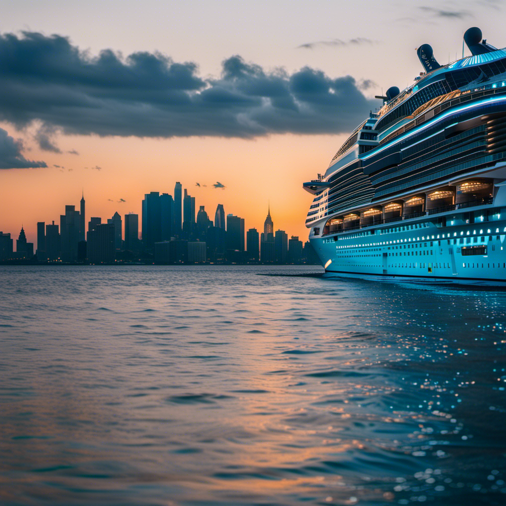 An image capturing the majestic silhouette of The Wonder of the Seas, adorned with shimmering lights, towering above turquoise waters, as it glides through the vast expanse of the ocean