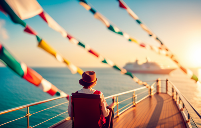 An image of a picturesque cruise ship, adorned with vibrant flags, sailing across a sun-kissed turquoise sea