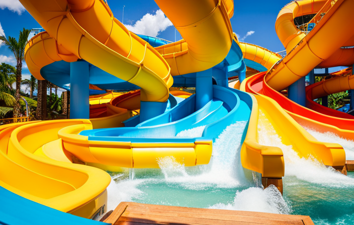 An image capturing the heart-racing excitement on Norwegian Escape's Aqua Park, featuring towering water slides, twisting tubes, and cascading waterfalls, set against a backdrop of vibrant sun-soaked colors