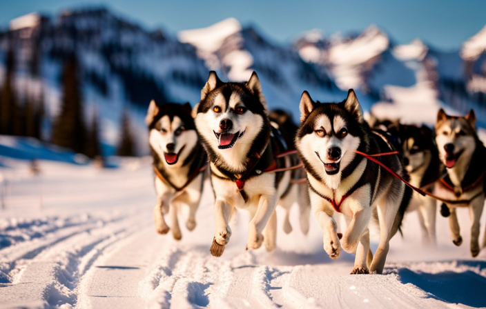 An image that captures the exhilaration of a dog sledding journey through Alaska's snow-covered landscapes: huskies in full stride, sled gliding effortlessly, mountains towering in the backdrop, and the thrill of the icy wind on your face