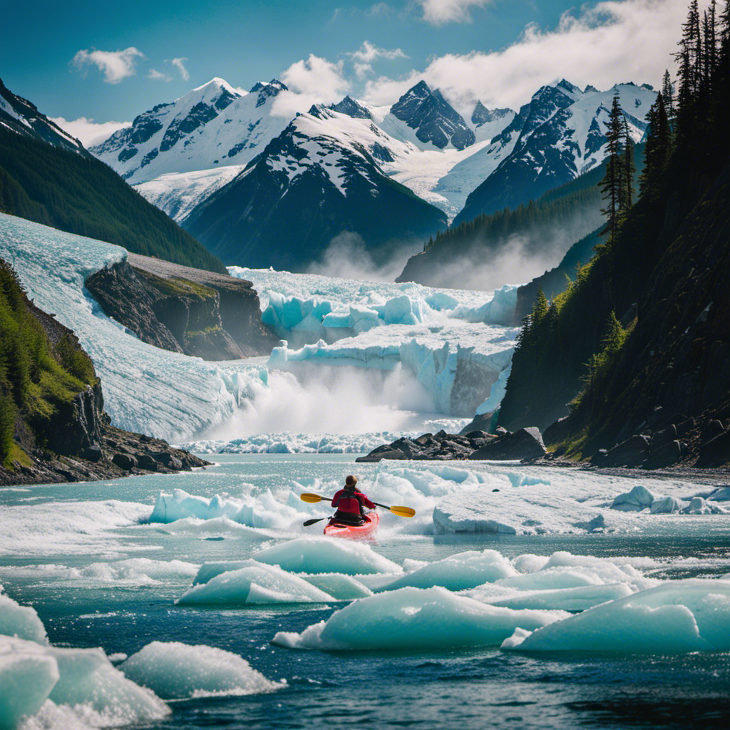 the heart-pounding essence of Alaska's untamed beauty with an image of a kayaker, surrounded by towering glaciers, battling fierce rapids as crystal-clear waters gush beneath, all against a backdrop of majestic snow-capped mountains