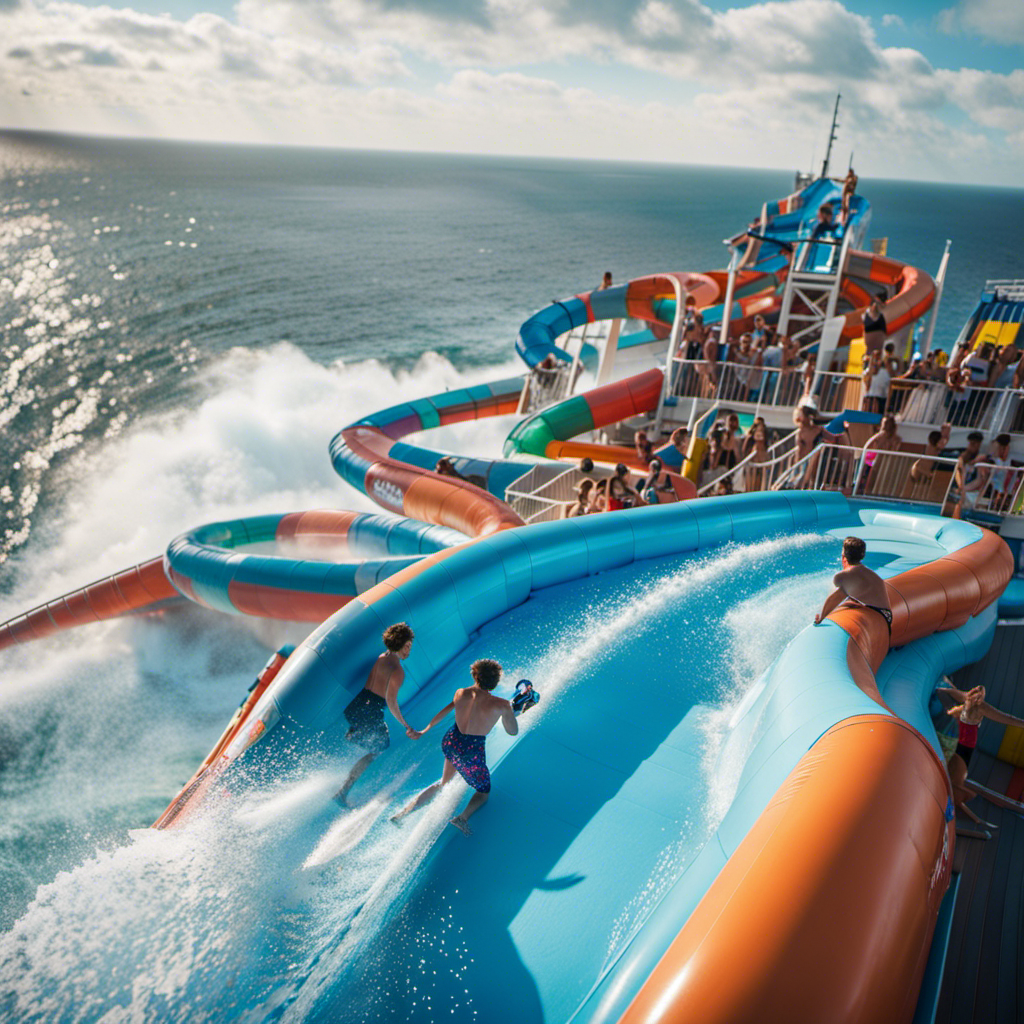 An image featuring a massive, heart-pounding water slide towering above the sparkling blue ocean, while in the background, a group of friends engage in a thrilling laser tag battle on the deck of a luxurious cruise ship