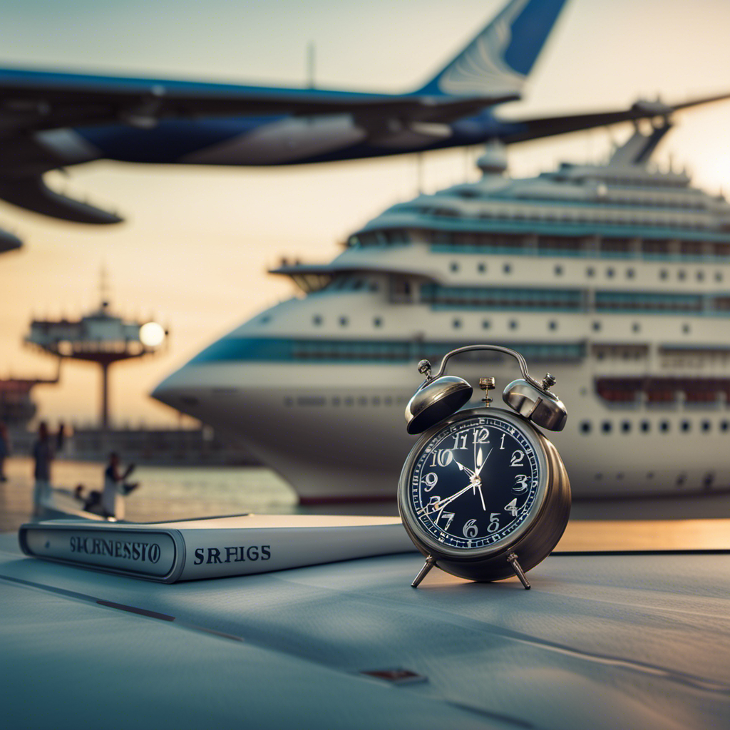 An image featuring a clock with hands pointing at different times, a cruise ship departing in the background, and an airplane preparing for takeoff