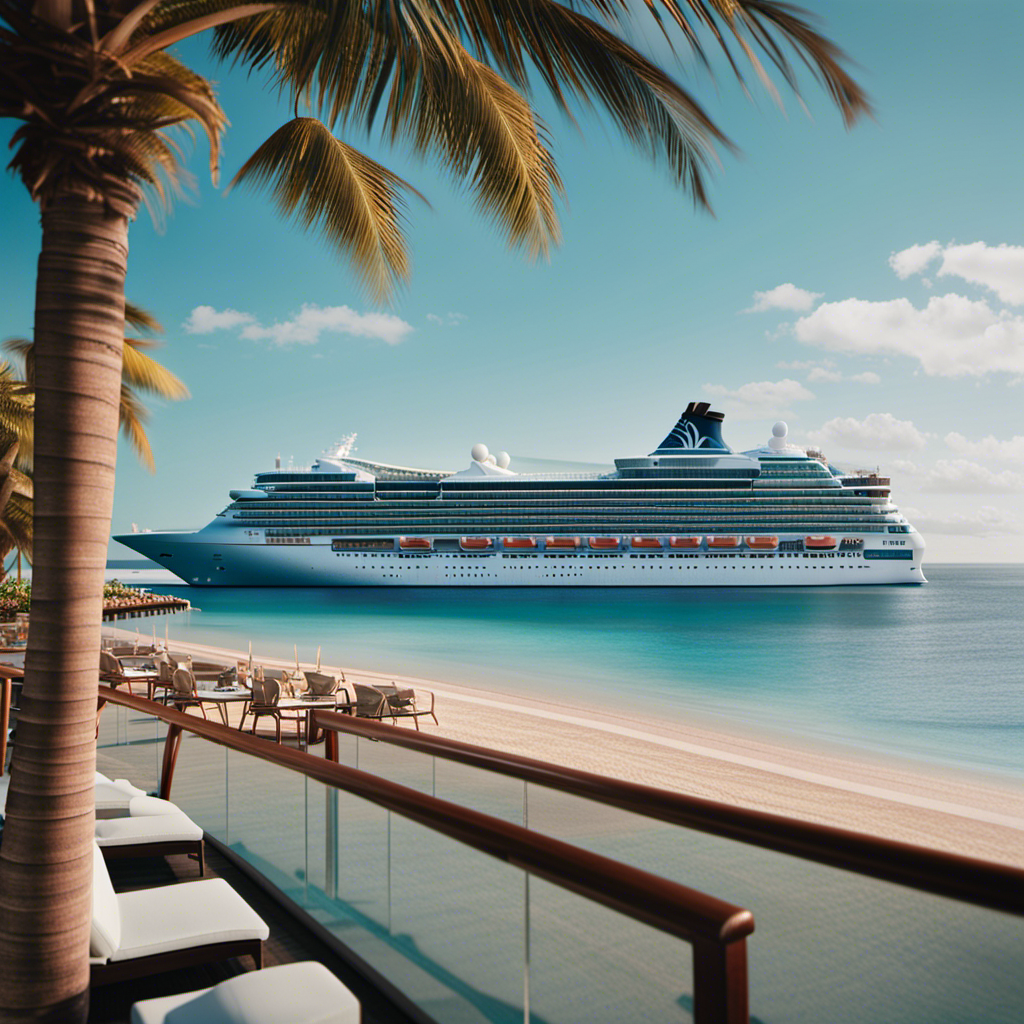 An image of a luxurious cruise ship docked beside a stunning waterfront hotel