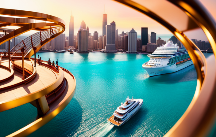 An image depicting Tom McAlpin's visionary approach to cruise experiences, showcasing a luxurious ship sailing through crystal-clear turquoise waters, adorned with innovative features like rooftop gardens, world-class restaurants, and immersive entertainment venues