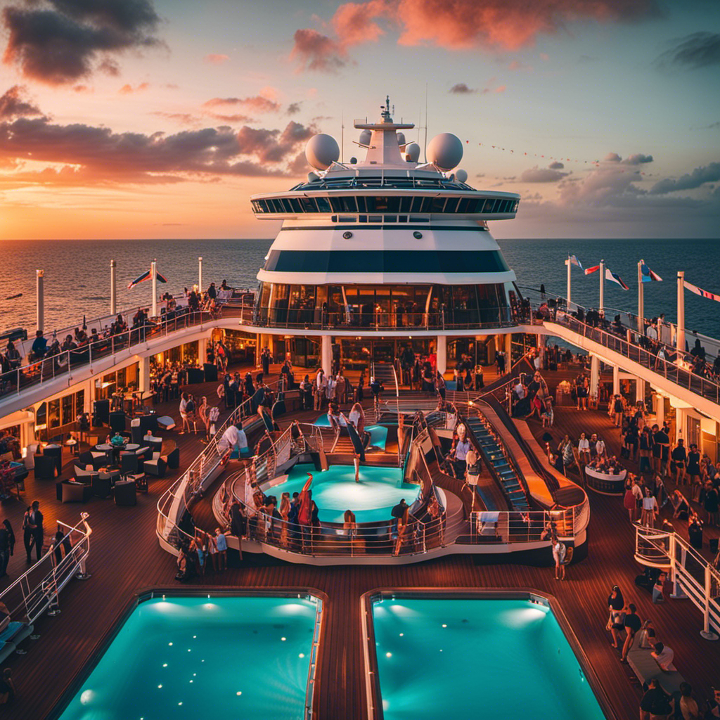 An image showcasing a vibrant sunset, with a deck of a luxurious cruise ship in the foreground