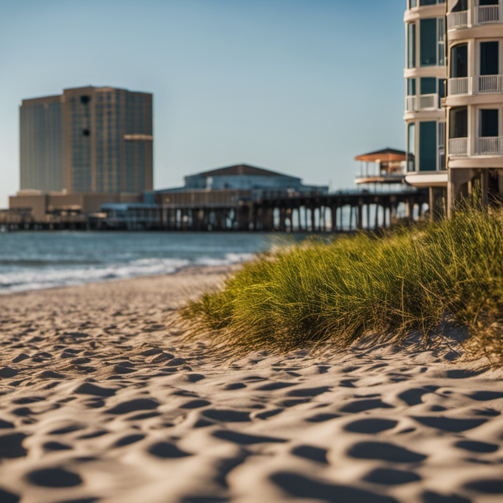 An image showcasing a scenic coastal view of Galveston, Texas, with luxurious hotels lining the shoreline