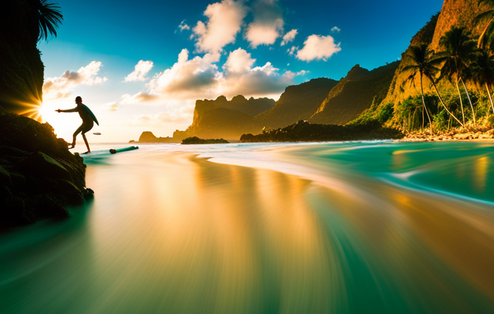 An image capturing the vibrant, turquoise waves crashing against the golden sandy beaches of a tropical paradise; surfers gracefully ride the swells, framed by lush palm trees and dramatic cliffs