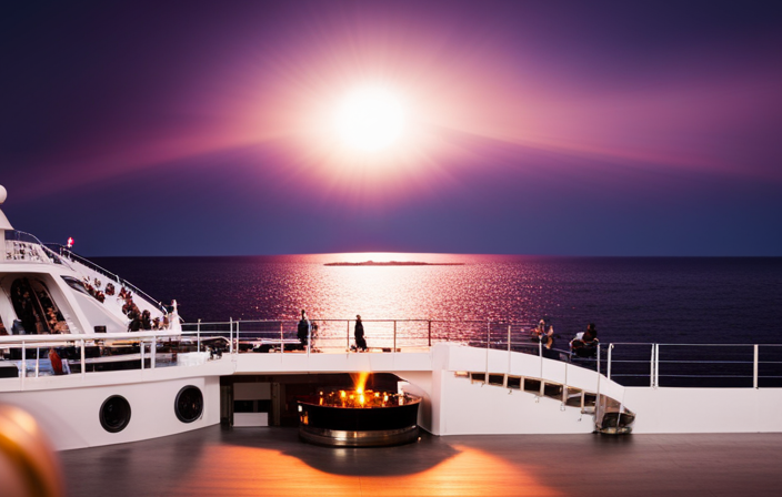 An image showcasing the awe-inspiring spectacle of a total eclipse, with the Celebrity Cruises ship gracefully sailing through the darkness, while a live band performs on the deck beneath a mesmerizing sky ablaze with stars