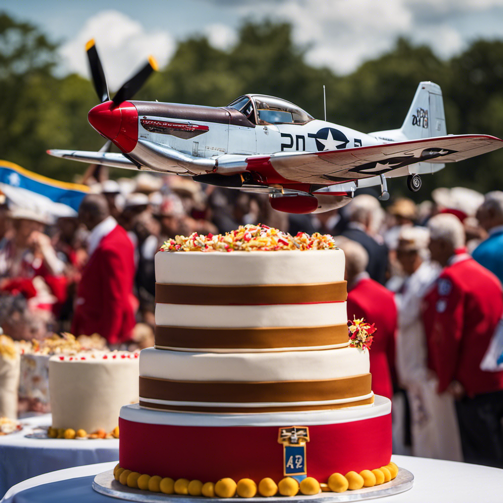 An image capturing the vibrant celebration of a centenarian Tuskegee Airman, highlighting his iconic red tail P-51 Mustang, a resplendent cake adorned with aviation insignias, and a jubilant crowd raising their glasses in tribute