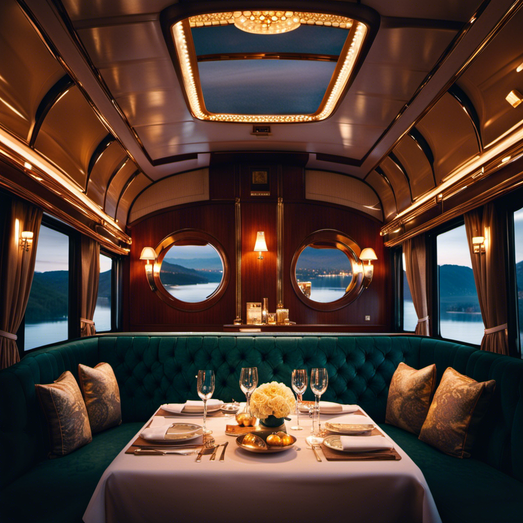 An image showcasing a luxurious train carriage adorned with elegant furnishings, panoramic windows revealing breathtaking landscapes, and a couple enjoying a romantic candlelit dinner, seamlessly blending the joys of train travel with the enchantment of a cruise vacation