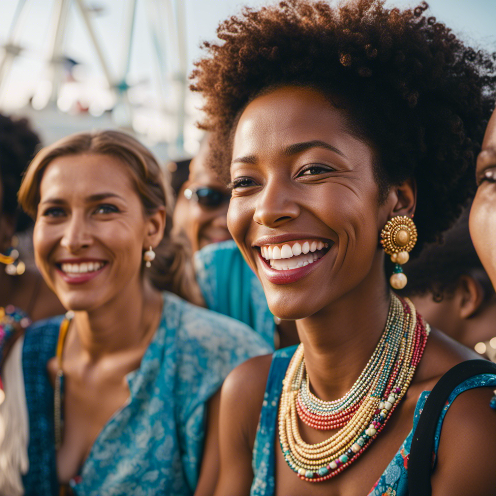 Capture a vibrant, heartwarming image of a group of diverse travelers, with beaming smiles and awe-struck expressions, engaging in a meaningful cultural exchange during a Fathom Cruise, revealing the transformative power of travel and connection