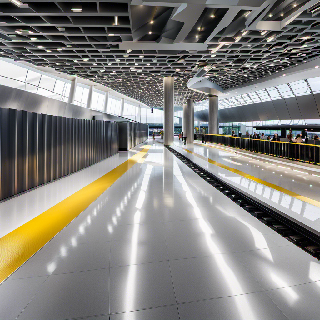 An image that showcases the sleek and modern architecture of Brightline's newly unveiled Orlando Station at the airport, with vibrant sunlight streaming through its floor-to-ceiling glass walls, reflecting off the polished marble flooring