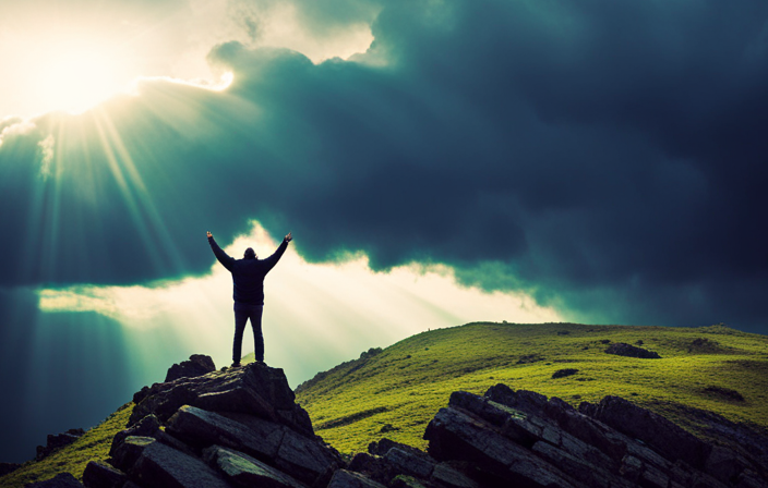 An image of a lone traveler standing atop a majestic mountain peak, their arms outstretched towards the sky, as rays of sunlight pierce through dark storm clouds, symbolizing resilience and unwavering determination