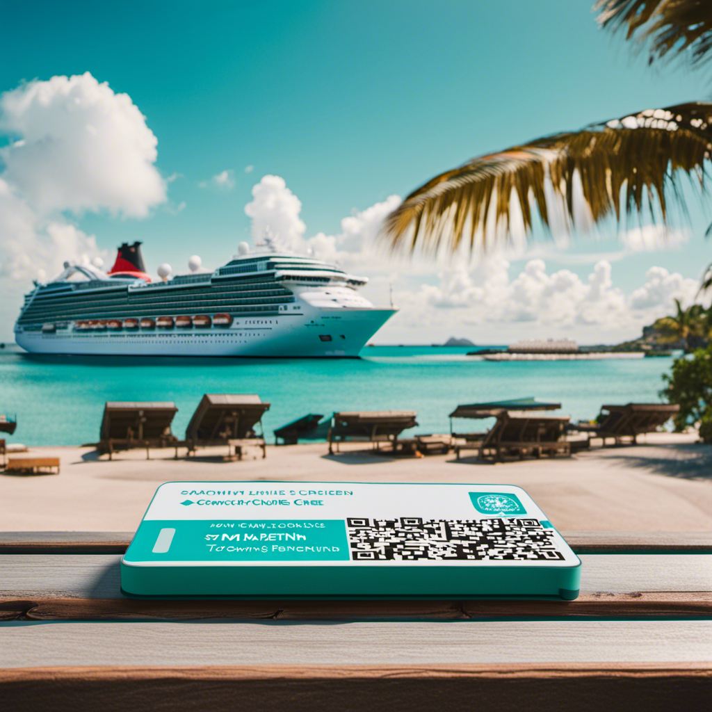 An image showcasing a sun-kissed, turquoise beach backdrop with a cruise ship docked nearby