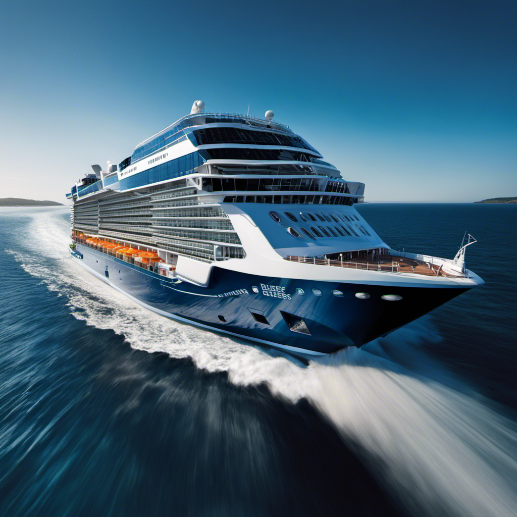 An image showcasing the sleek and modern Celebrity Cruises' Edge Series ship, with its state-of-the-art tri-fueled engine emitting a vibrant blue flame, surrounded by swirling currents of clean energy, against a backdrop of sparkling ocean waves