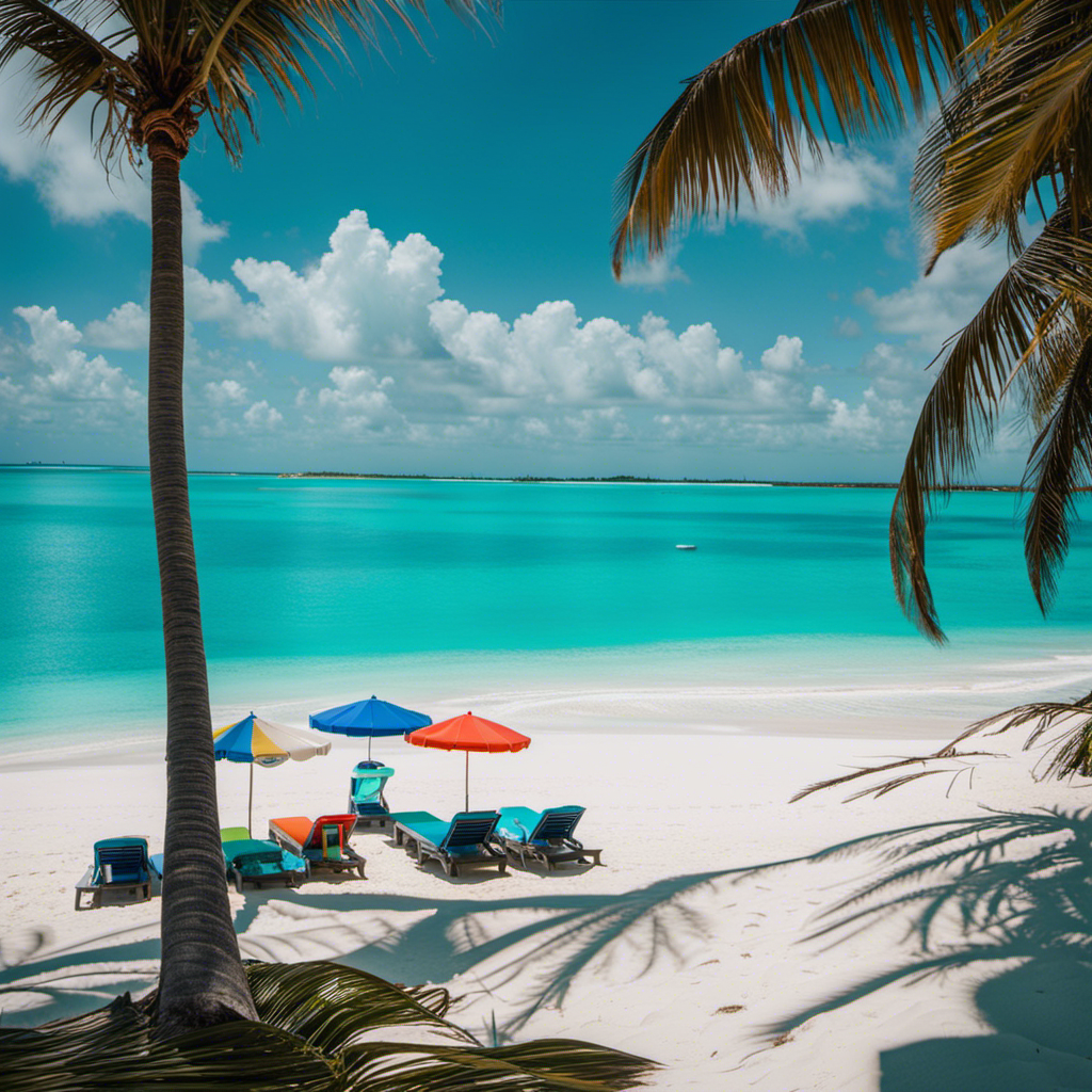 An image capturing the vibrant turquoise waters of Turks and Caicos, with sun-kissed white-sand beaches lined with colorful beach umbrellas