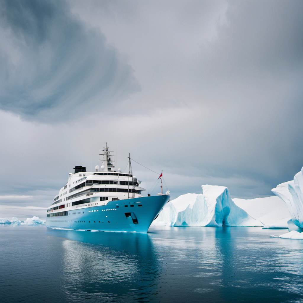 the ethereal beauty of the Ultimate Arctic Expedition aboard National Geographic Endurance as icebergs tower majestically over a sleek ship, surrounded by a serene icy landscape, with hues of cerulean, aquamarine, and glistening white