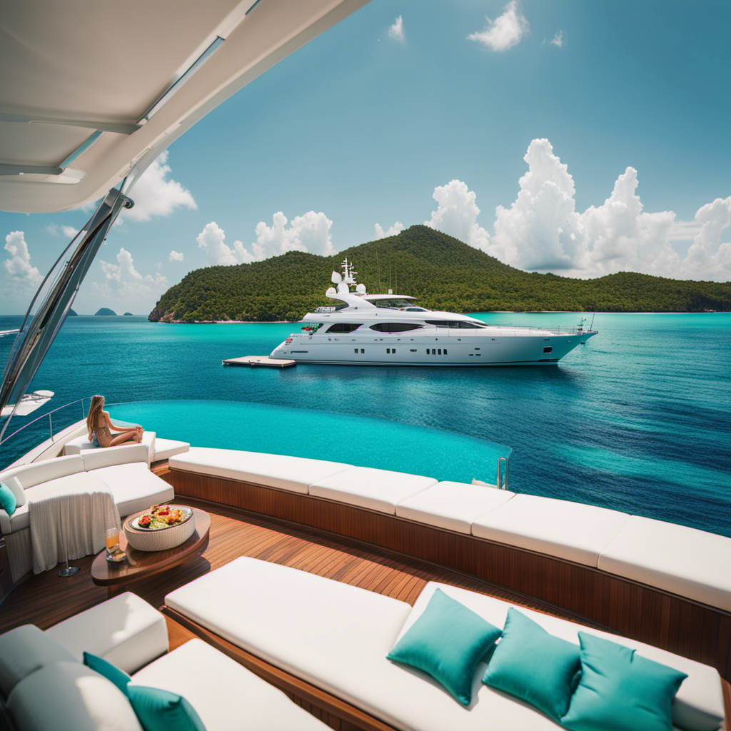 An image showcasing a luxurious Caribbean yacht charter experience, where crystal-clear turquoise waters surround a sleek, private yacht adorned with plush sun loungers, an infinity pool, and a chef preparing a delectable gourmet meal on deck