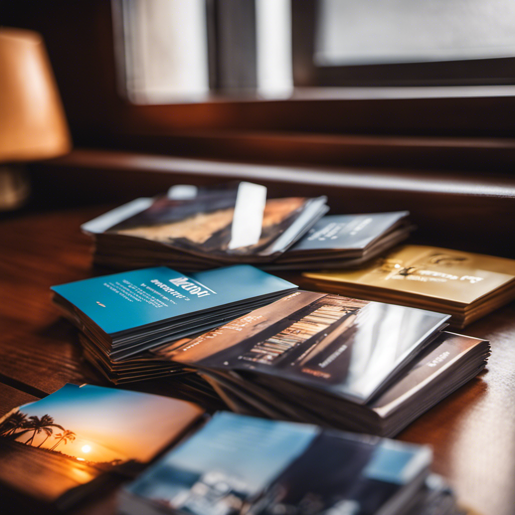 Nt image showcasing a diverse collection of glossy cruise brochures lying on a wooden desk, bathed in soft sunlight streaming through a nearby window