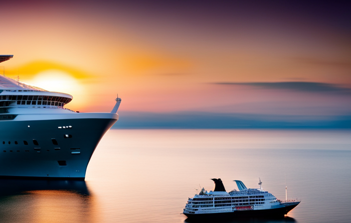 An image showcasing the luxurious Icon of the Seas cruise ship at sunset, with its sleek, towering silhouette cast against a vibrant sky