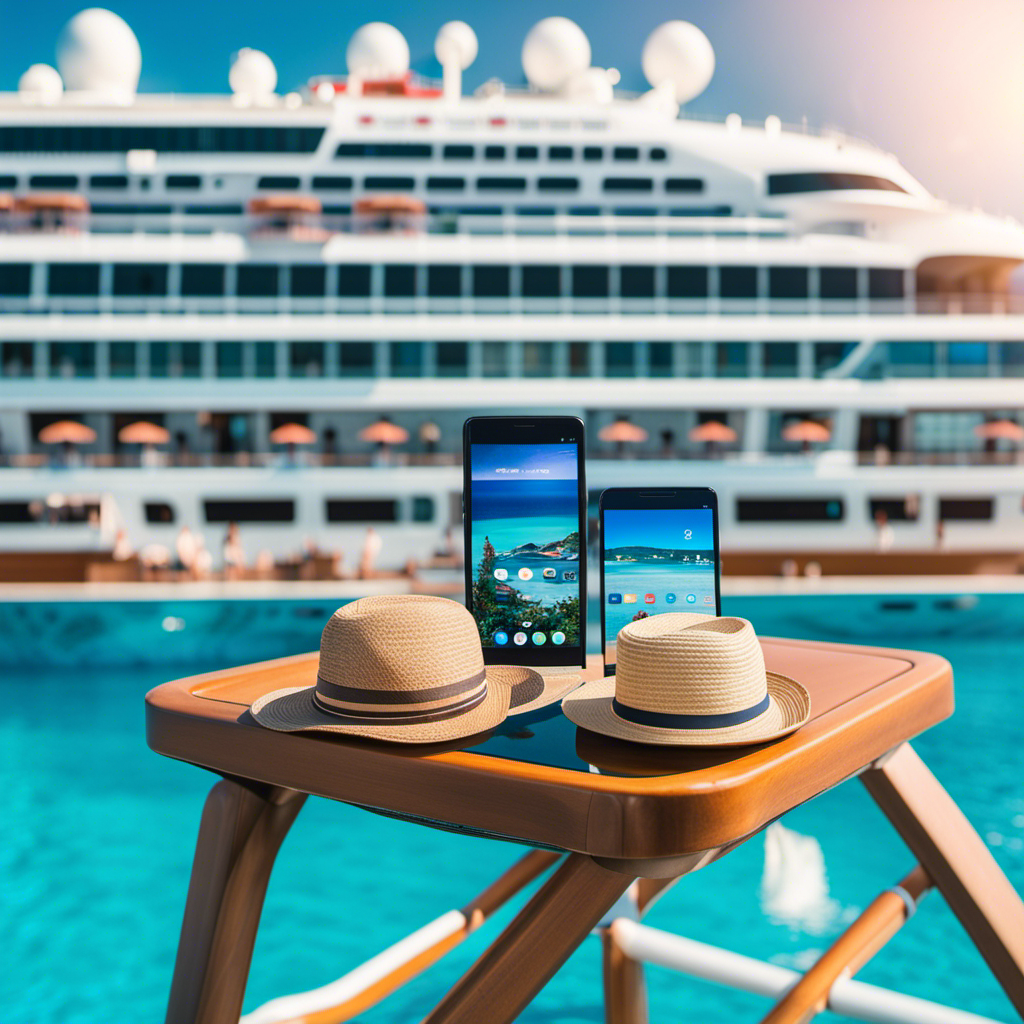 An image showcasing a variety of modern smartphone models, placed on a deckchair against a backdrop of a luxurious cruise ship's pool