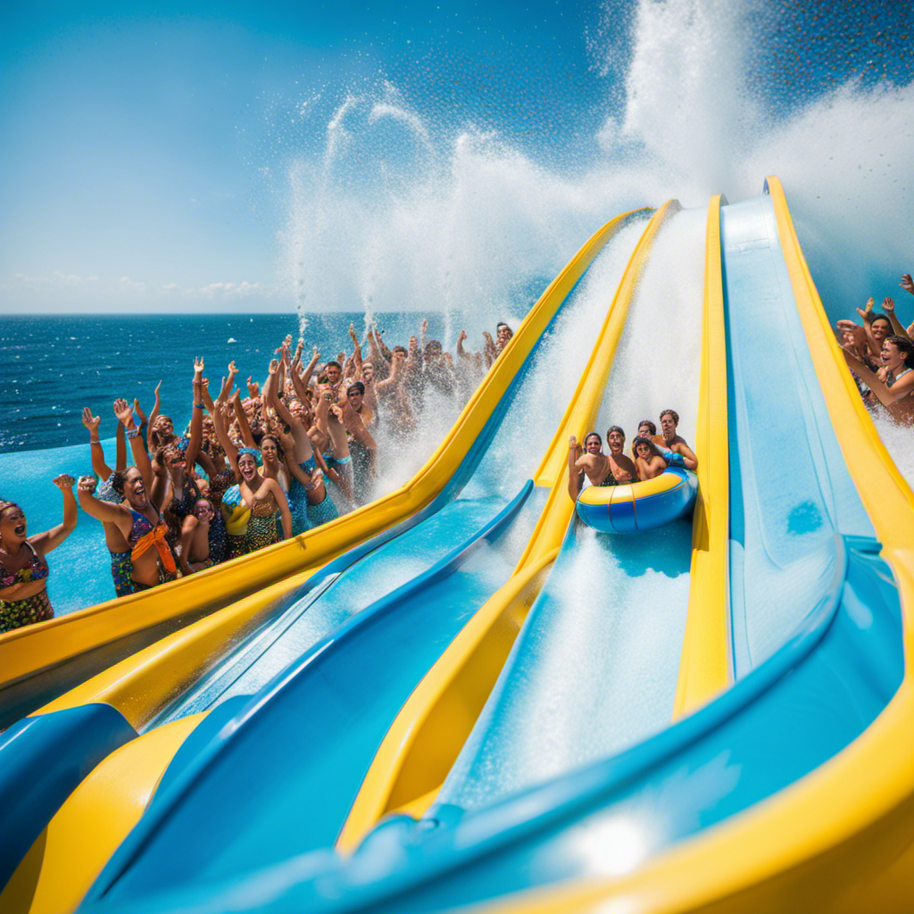 An image capturing the exhilaration of a thrilling water slide, with vibrant hues of blue and yellow, as excited passengers zoom down an exhilarating spiral, their hands raised high in excitement, against a backdrop of a crystal-clear ocean