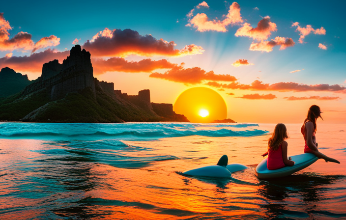 An image that captures the enchantment of a Disney Cruise in summer 2021: A family sails through crystal-clear turquoise waters, surrounded by playful dolphins and towering ancient ruins, while the sun sets in a vibrant cascade of colors