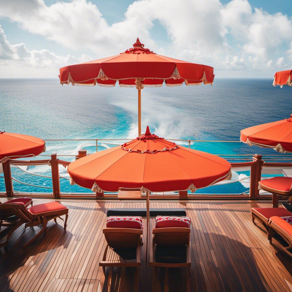 An image showcasing a hidden deck on the Disney Cruise Line, adorned with vibrant umbrellas, exclusive loungers, and a breathtaking view of the ocean, revealing an ultimate insider spot for relaxation