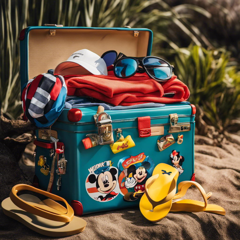 An image showcasing a suitcase overflowing with Mickey Mouse ears, colorful swimsuits, sunscreen bottles, and folded Disney character t-shirts