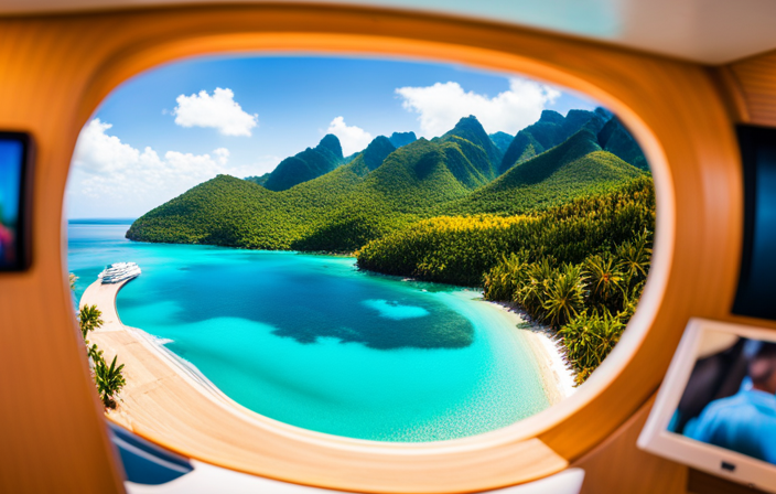 An image capturing the breathtaking view from a luxurious cruise ship, as it glides through crystal-clear turquoise waters