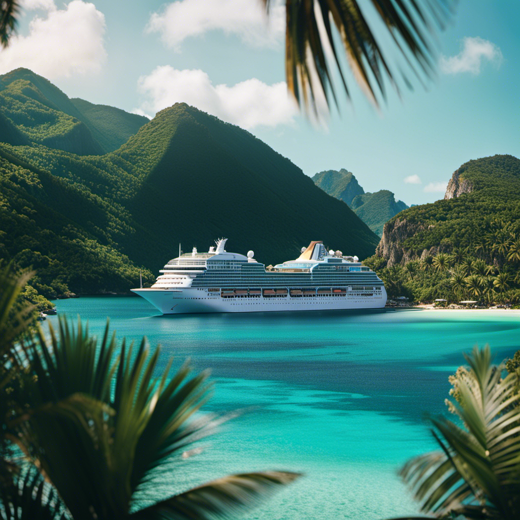 An image depicting a luxurious cruise ship sailing against a backdrop of crystal-clear turquoise waters, surrounded by palm-fringed tropical islands
