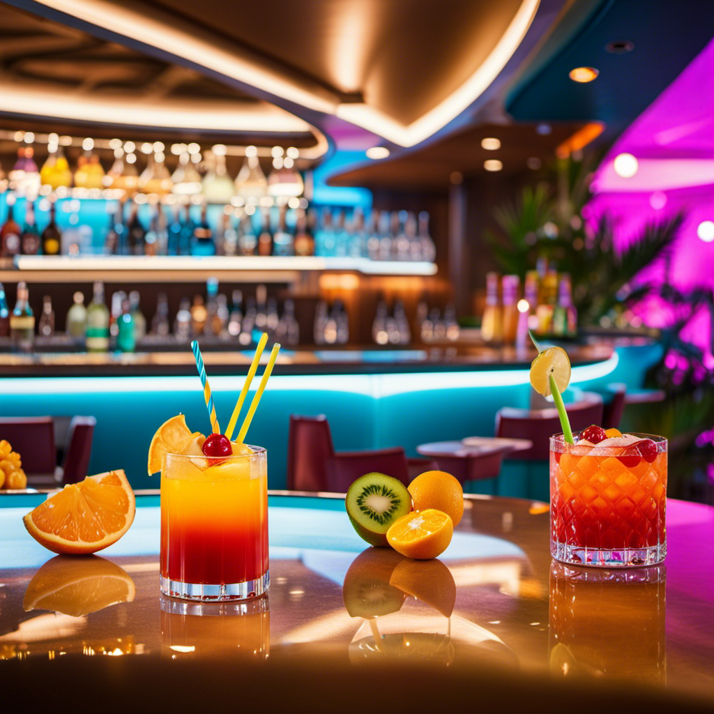 An image showcasing a vibrant poolside bar on an MSC cruise ship, adorned with colorful tropical cocktails, fresh fruits, and sleek bartenders, evoking the essence of MSC Cruises' extensive drink package options