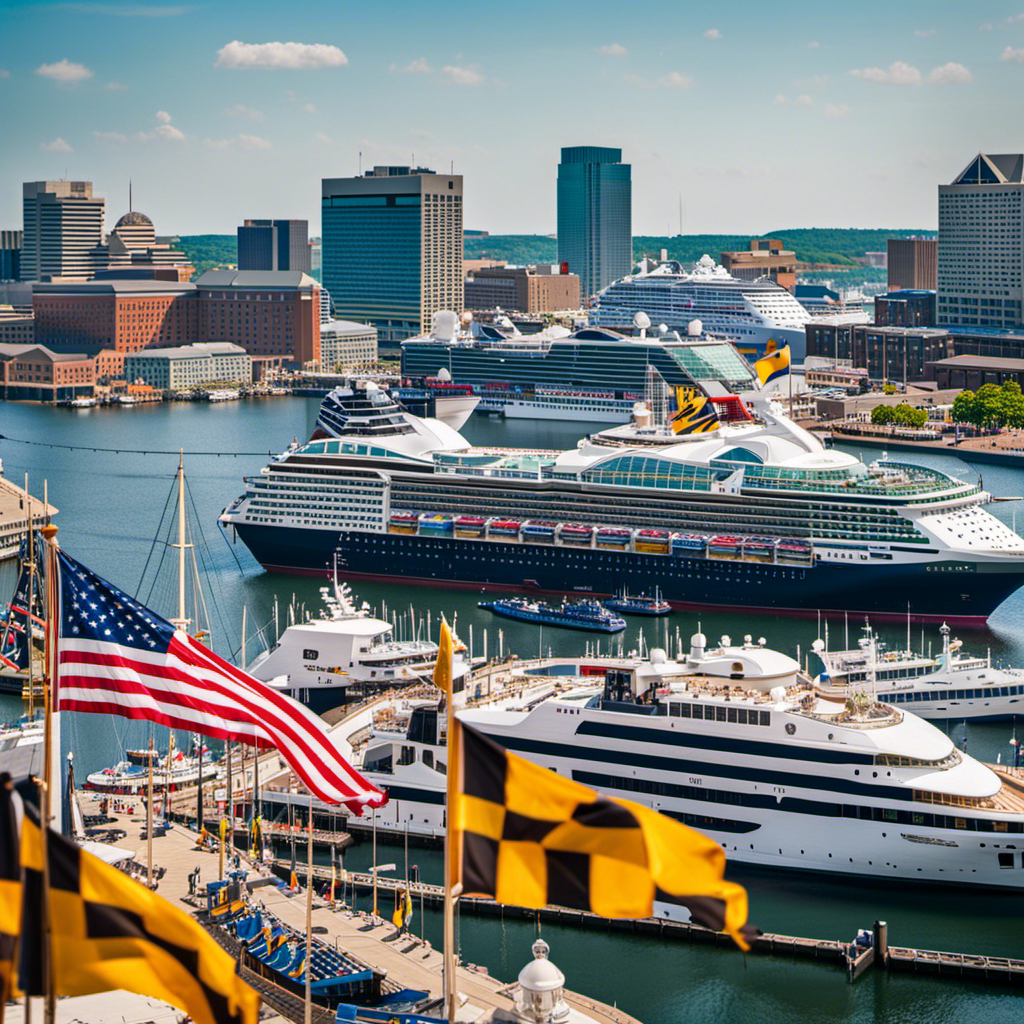 An image capturing the bustling harbor of Baltimore, with a panoramic view showcasing luxurious cruise ships docked at the vibrant waterfront