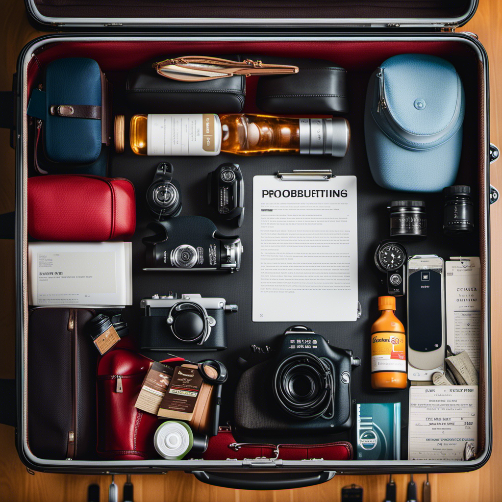 An image capturing the essence of cruise luggage restrictions and tips: a suitcase overflowing with prohibited items such as liquids, sharp objects, and electronics, alongside a checklist of approved essentials like clothes, sunscreen, and travel documents