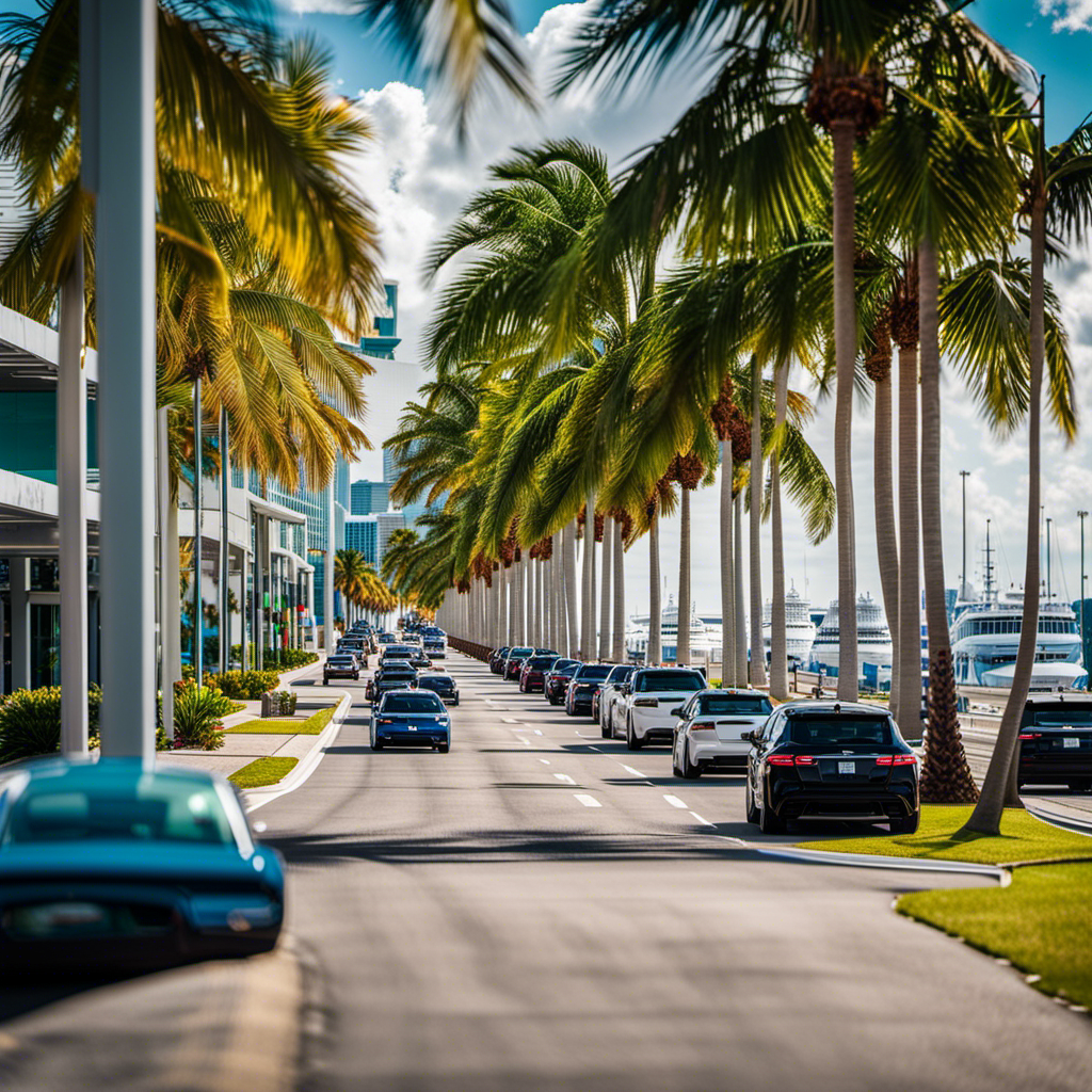 An image featuring a vibrant, palm-lined boulevard leading to a modern, secure parking facility at the Port Everglades in Fort Lauderdale