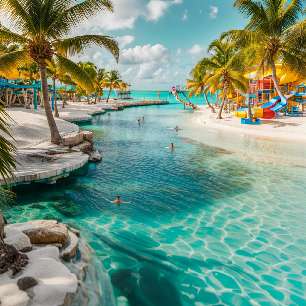An image capturing the vibrant CocoCay shoreline, adorned with families enjoying complimentary water slides, floating beaches, and snorkeling adventures