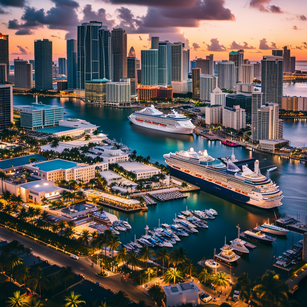An image showcasing a vibrant Miami waterfront with various cruise ships docked, surrounded by a range of parking options