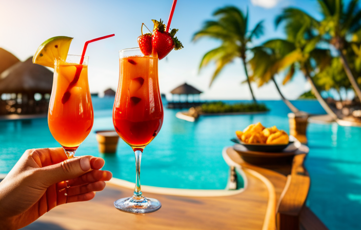 An image showcasing a colorful array of tropical cocktails with vibrant garnishes, nestled against a backdrop of a sparkling turquoise pool, surrounded by happy vacationers enjoying their Royal Caribbean drink packages