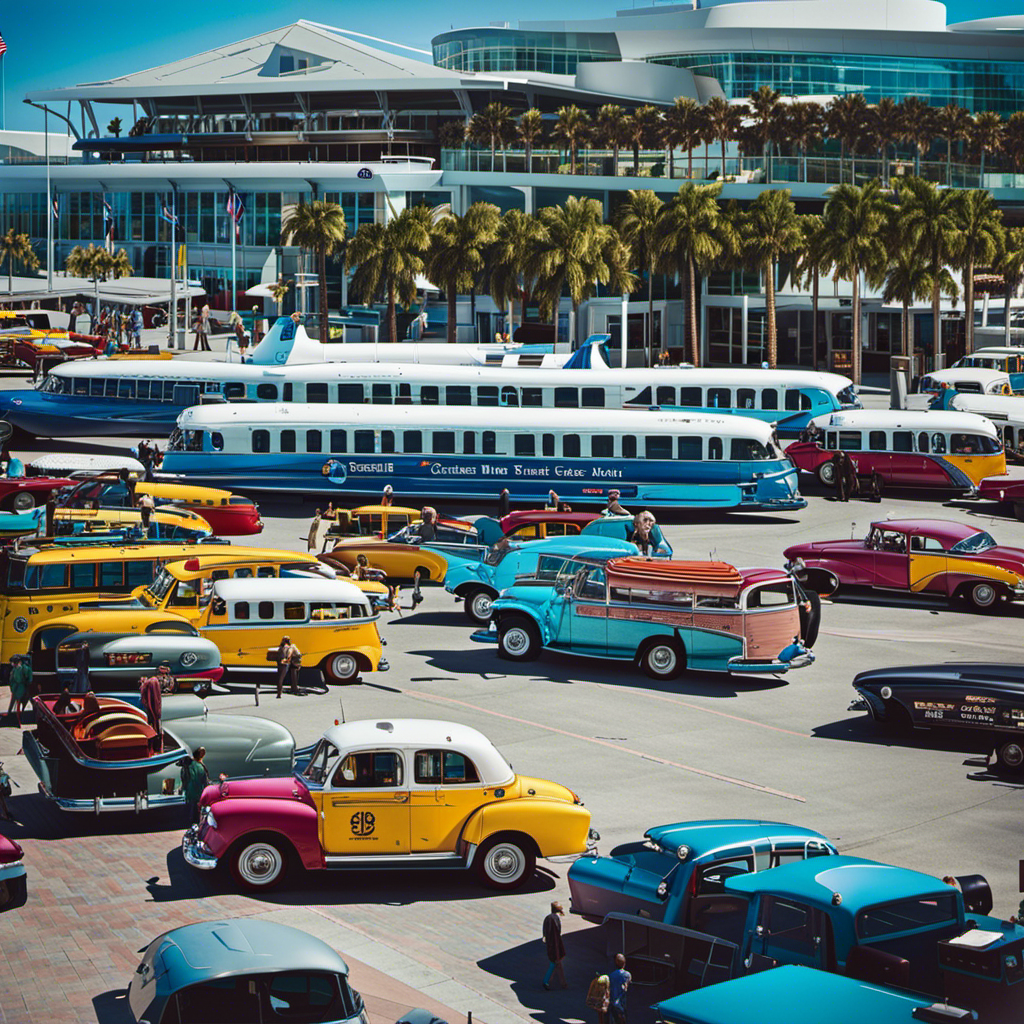 An image capturing a bustling Tampa cruise terminal, with a variety of colorful shuttles and taxis transporting excited passengers