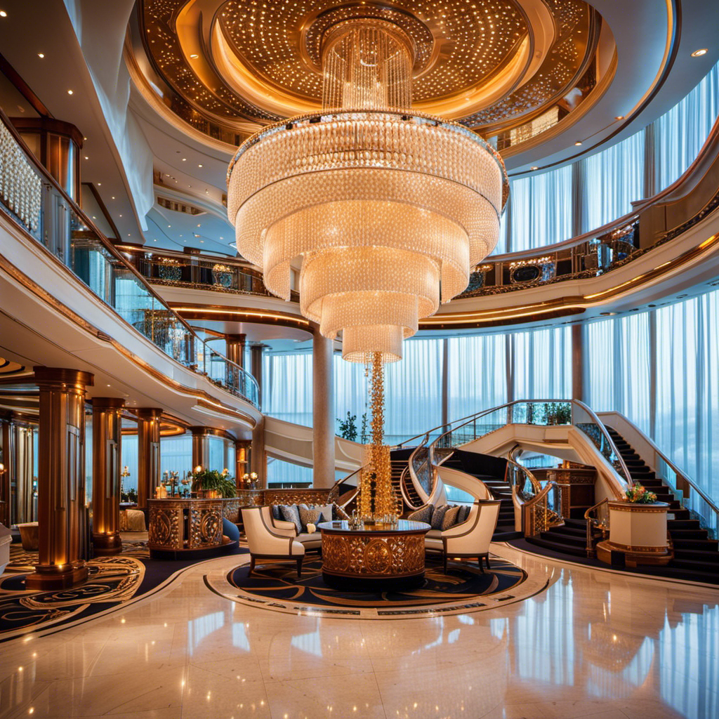 An image showcasing the opulent grandeur of the Celebrity Reflection ship; capture the intricate chandeliers, plush velvet furnishings, and gleaming marble accents, reflecting the ship's ultimate luxury and artistic beauty