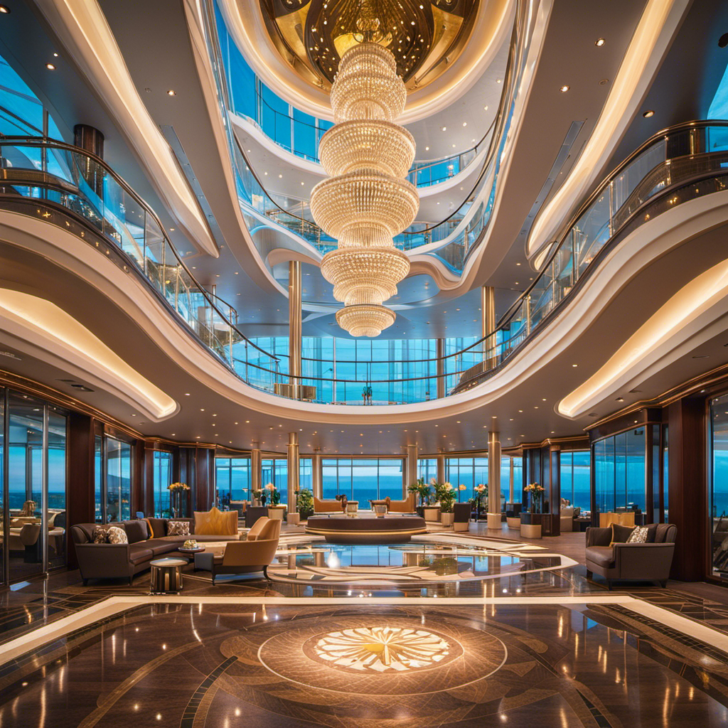 An image showcasing the Norwegian Encore cruise ship's opulent features: a lavish, three-story atrium with cascading chandeliers, floor-to-ceiling windows offering breathtaking ocean views, and sleek, state-of-the-art technology seamlessly integrated into luxurious surroundings
